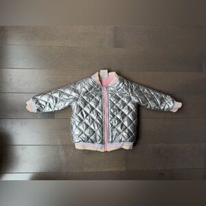 First Impressions Silver Quilted Puffer Jacket with Pink Trim